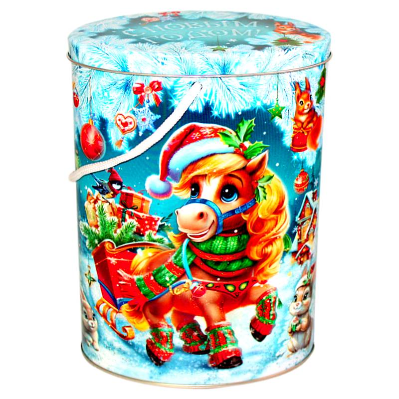 Детский новогодний подарок в жестяной упаковке весом 1000 грамм